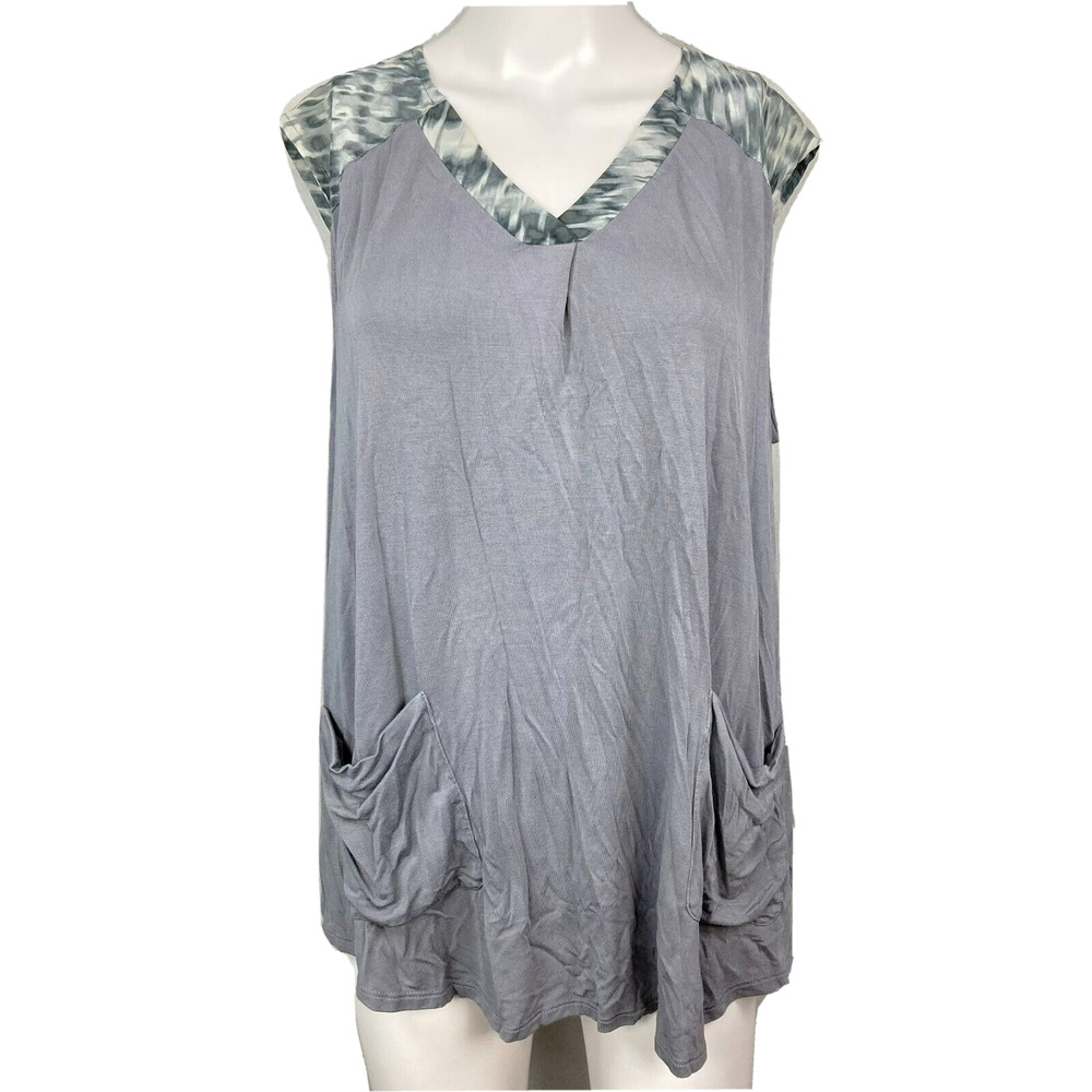 LOGO Lori Goldstein Shirt Womens Sz L Gray Sleeveless Tunic Top Pockets Tie Dye